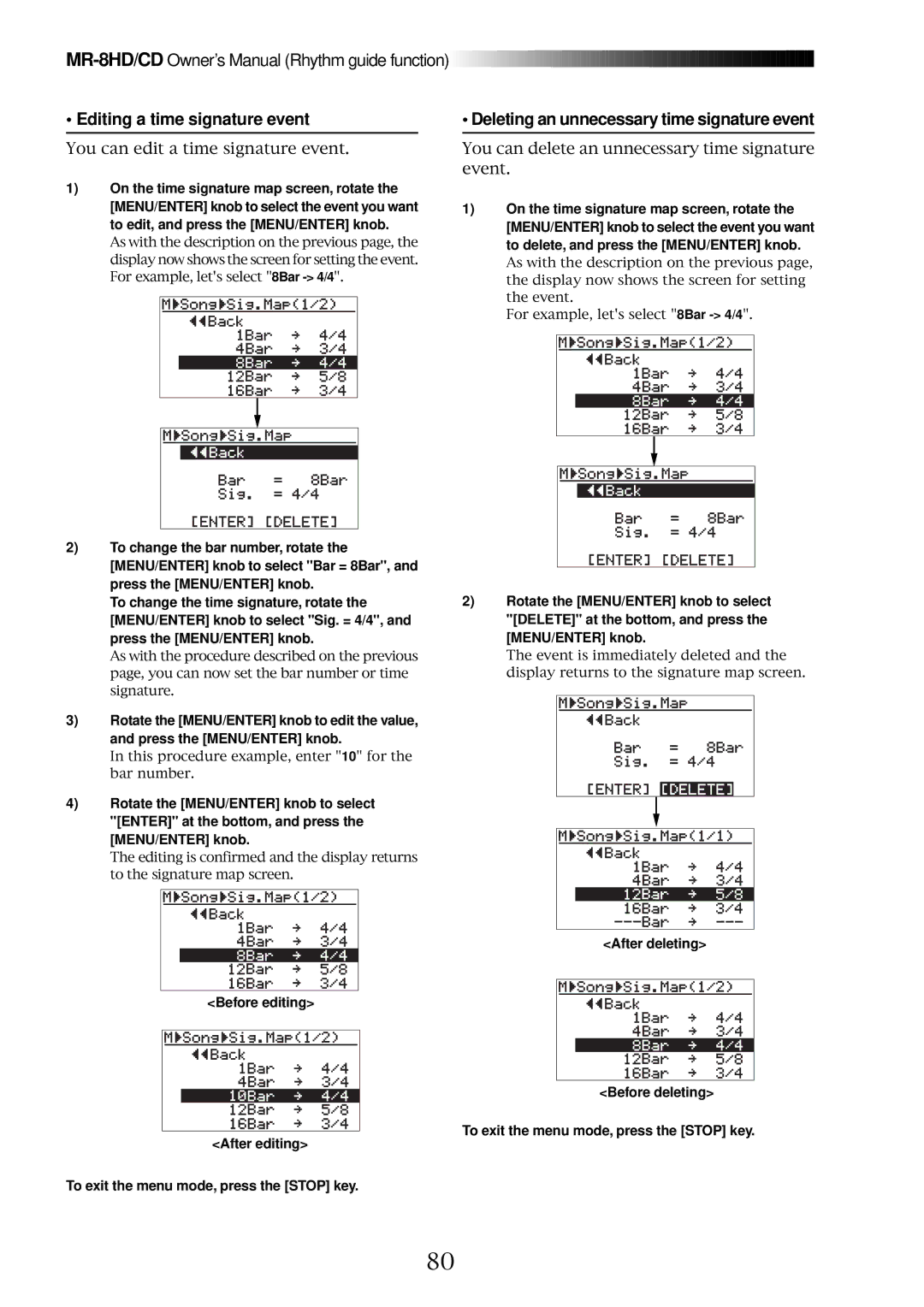 Fostex MR-8CD owner manual Editing a time signature event, Deleting an unnecessary time signature event, After deleting 