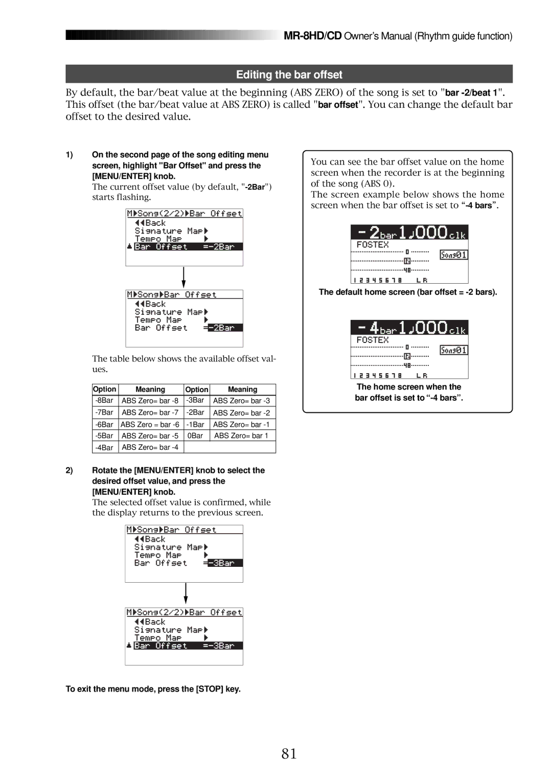 Fostex MR-8CD Editing the bar offset, Default home screen bar offset = -2 bars, To exit the menu mode, press the Stop key 