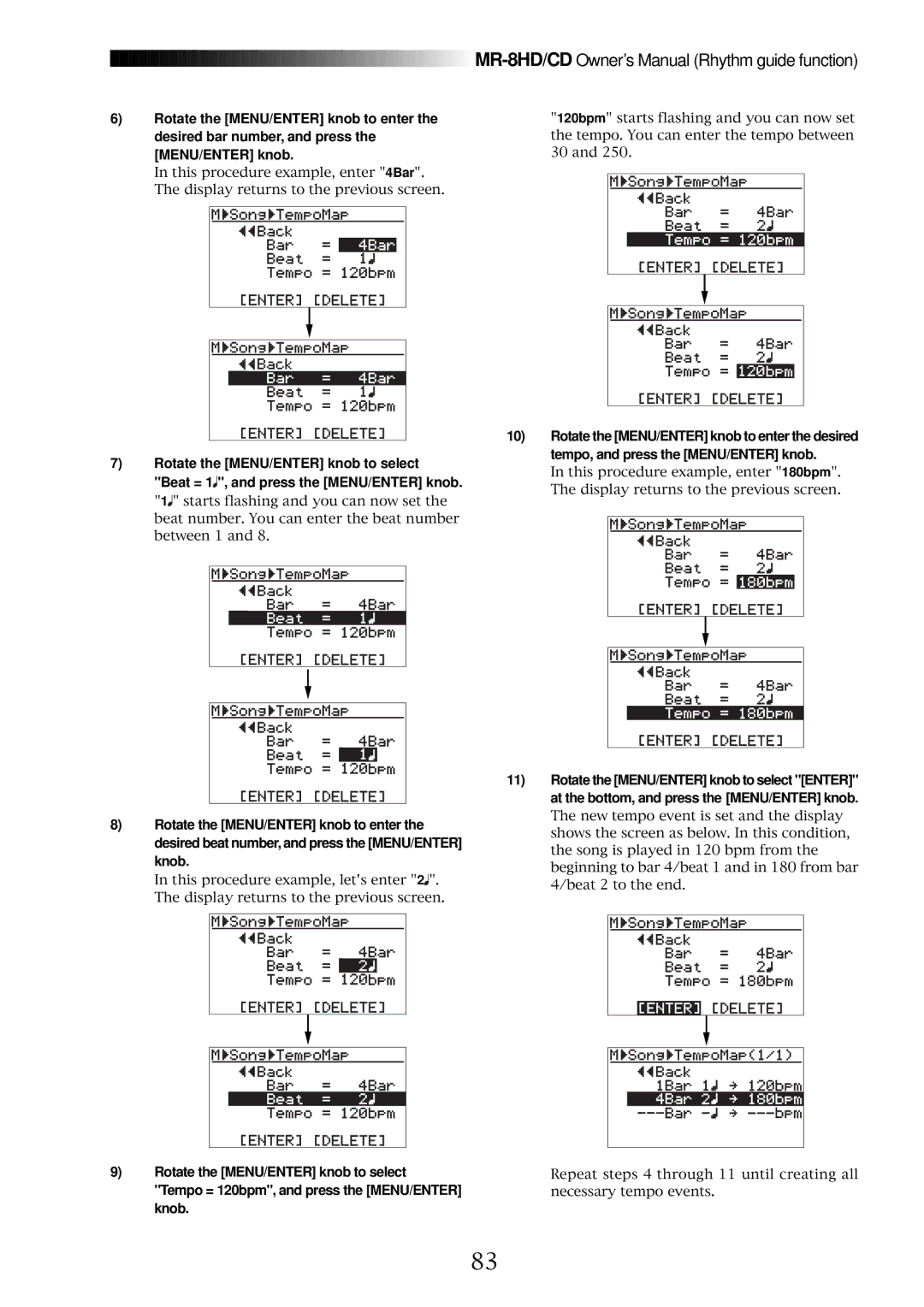 Fostex MR-8CD owner manual Tempo = 120bpm, and press the MENU/ENTER, Knob 
