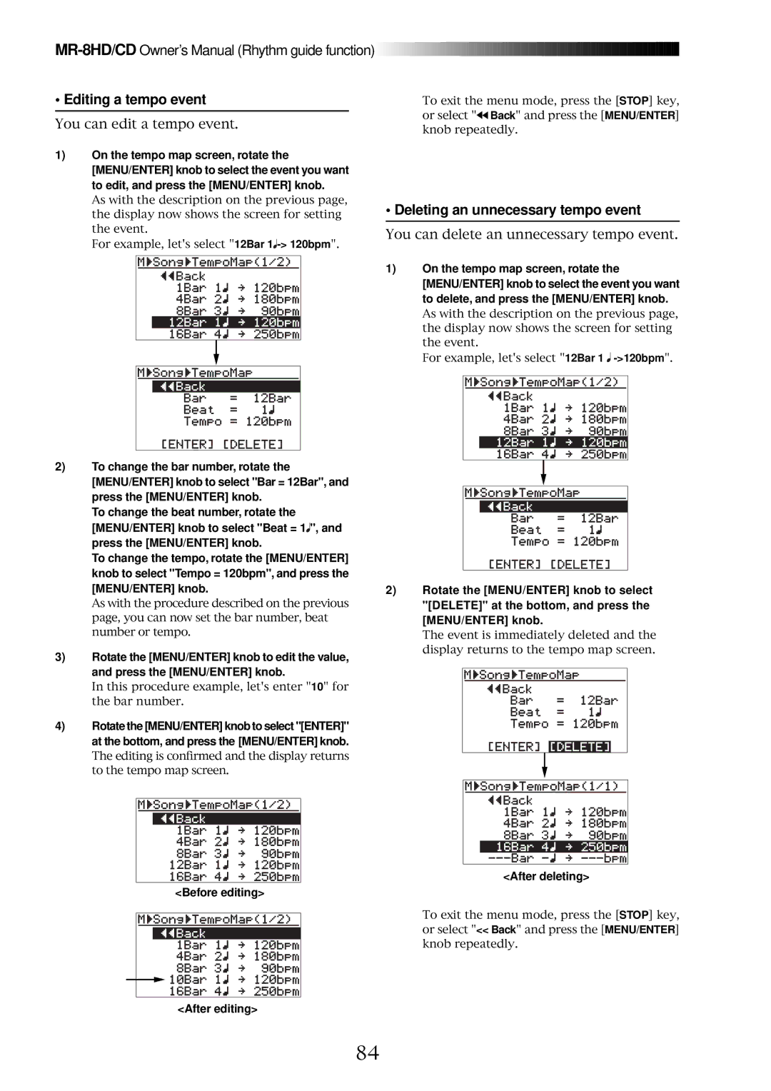 Fostex MR-8CD owner manual Editing a tempo event, Deleting an unnecessary tempo event 