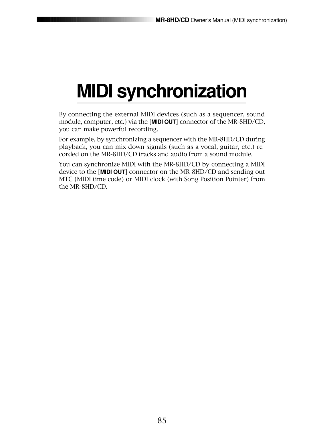 Fostex MR-8CD owner manual Midi synchronization 