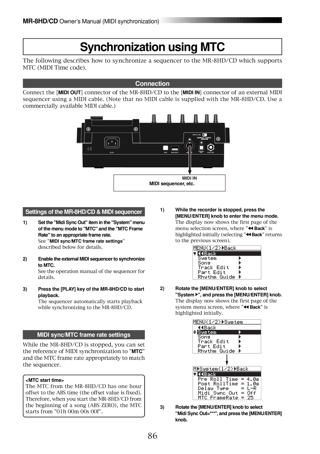 Fostex MR-8CD owner manual Synchronization using MTC, Connection, Midi sequencer, etc, MTC start time 