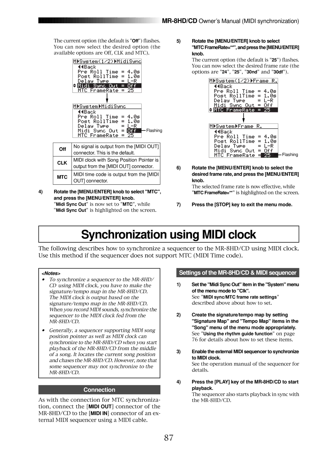 Fostex MR-8CD owner manual Synchronization using Midi clock, Off 