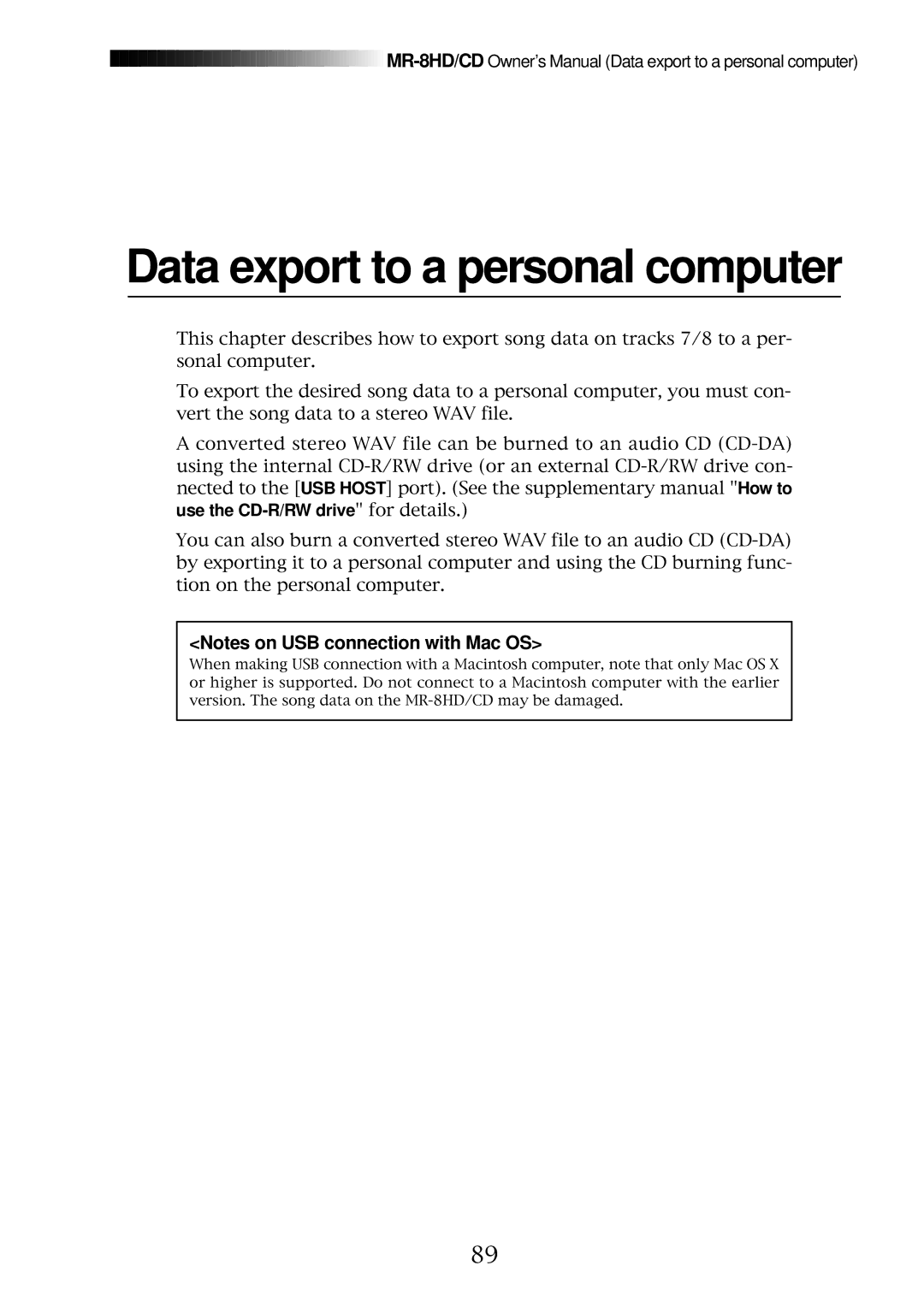 Fostex MR-8CD owner manual Data export to a personal computer 