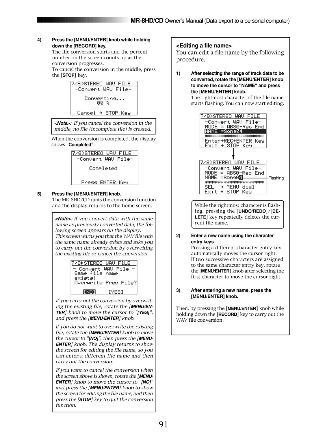 Fostex MR-8CD owner manual Editing a file name, Enter a new name using the character entry keys 