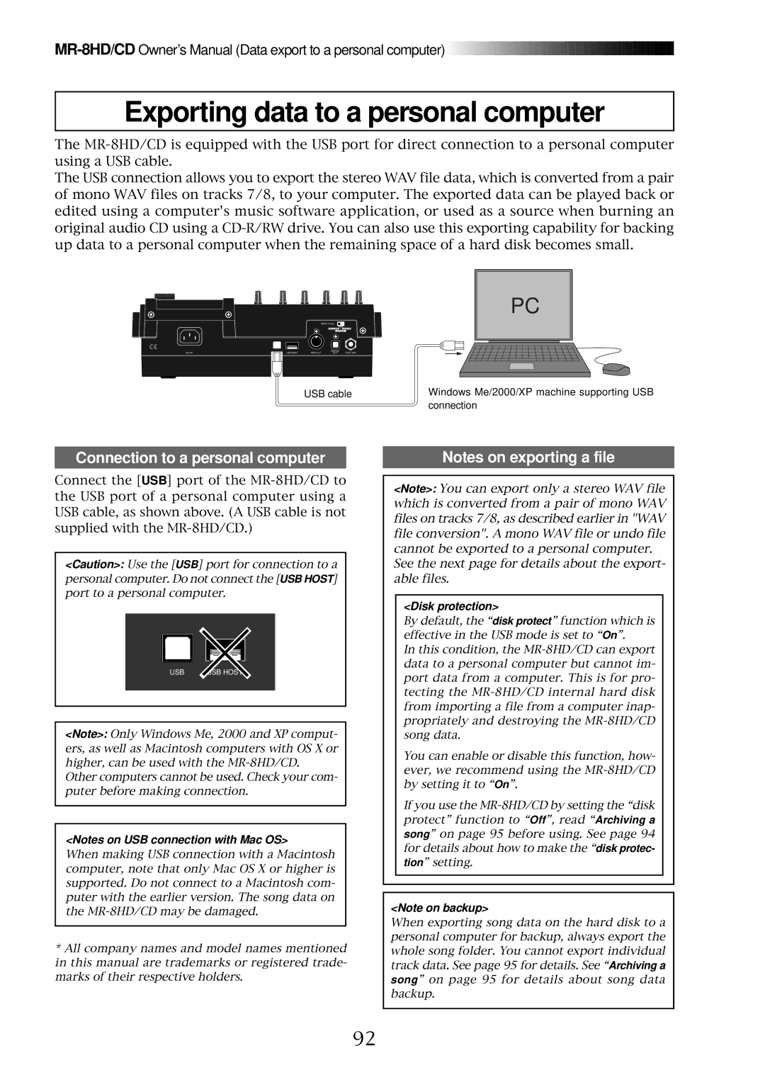 Fostex MR-8CD owner manual Exporting data to a personal computer, Connection to a personal computer 