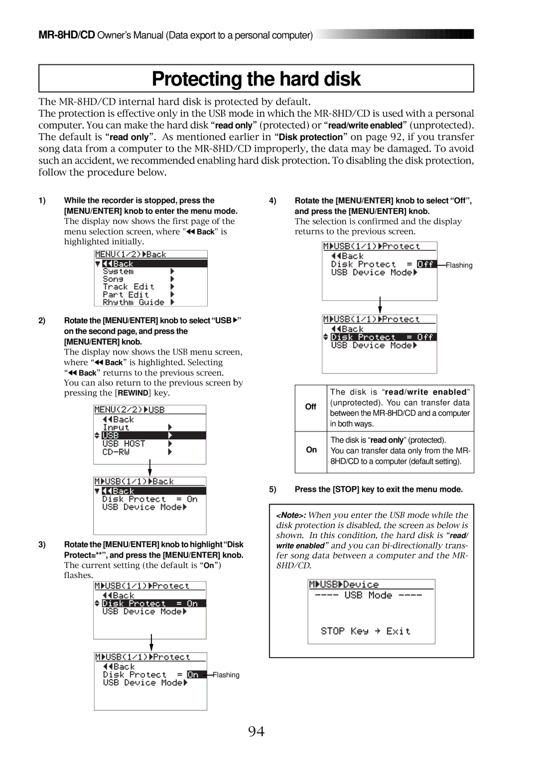 Fostex MR-8CD owner manual Protecting the hard disk, Disk is read/write enabled 