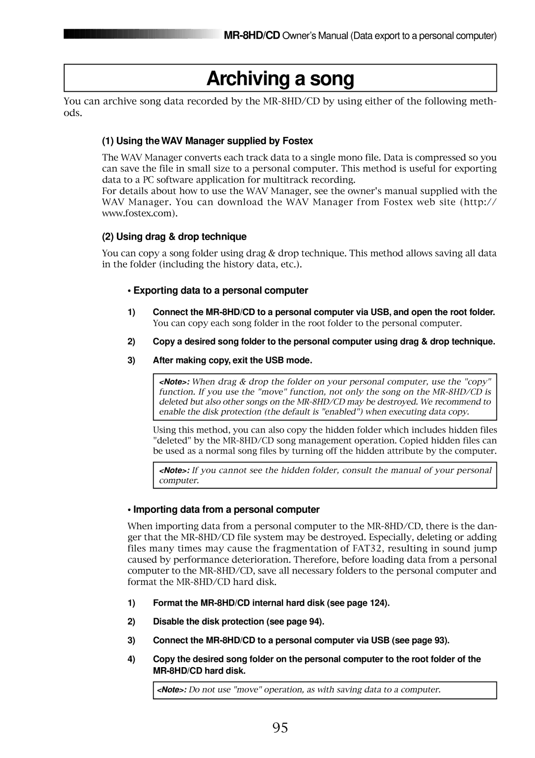 Fostex MR-8CD owner manual Archiving a song, Using the WAV Manager supplied by Fostex, Using drag & drop technique 