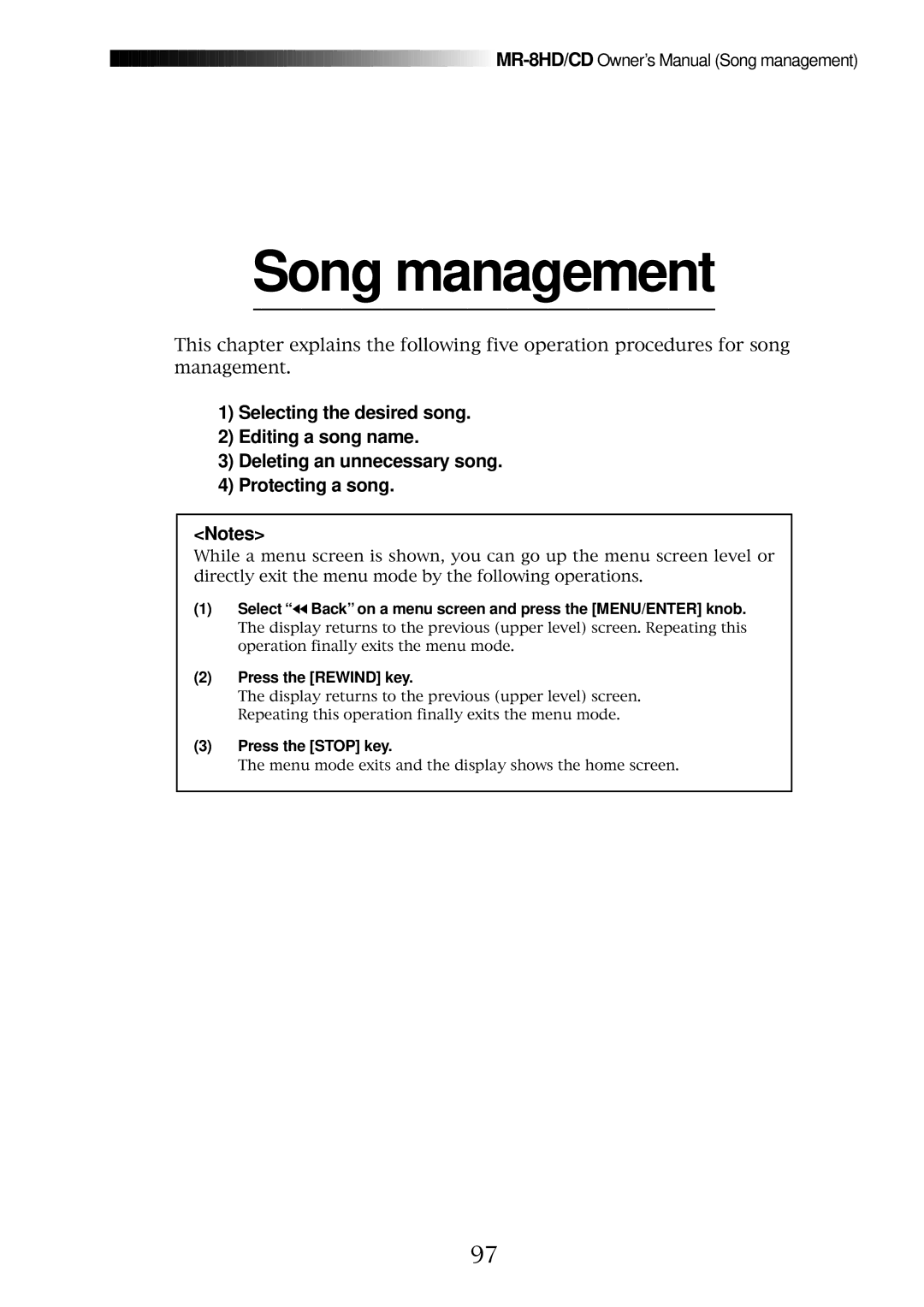 Fostex MR-8CD Song management, Select Back on a menu screen and press the MENU/ENTER knob, Press the Rewind key 