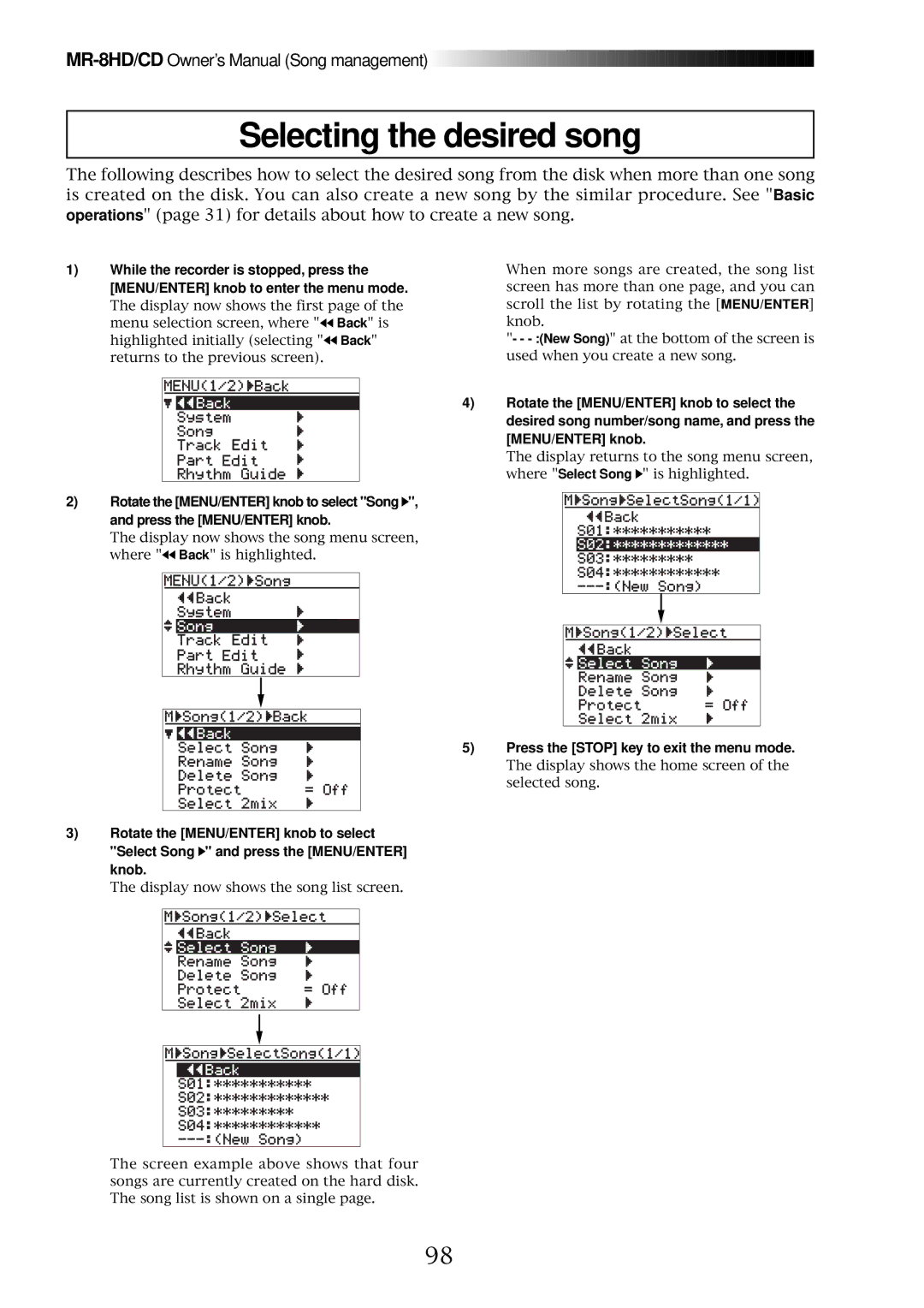 Fostex MR-8CD owner manual Selecting the desired song, Press the Stop key to exit the menu mode 