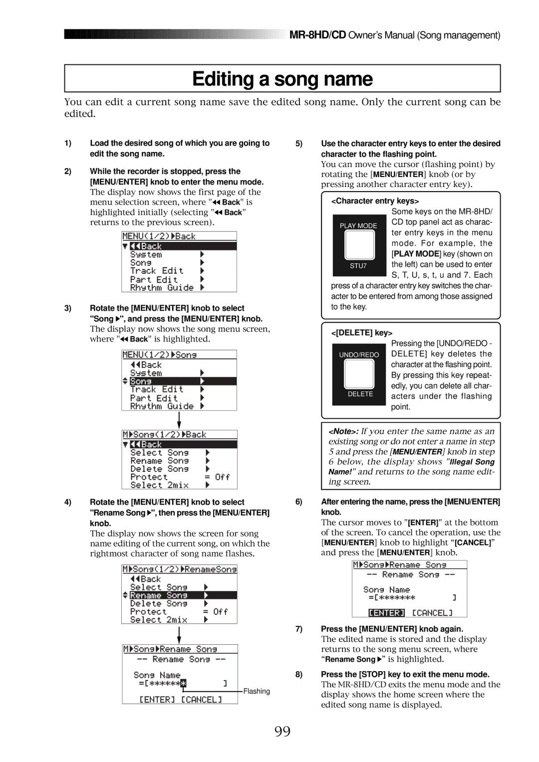 Fostex MR-8CD Editing a song name, Character entry keys, Delete key, After entering the name, press the MENU/ENTER knob 