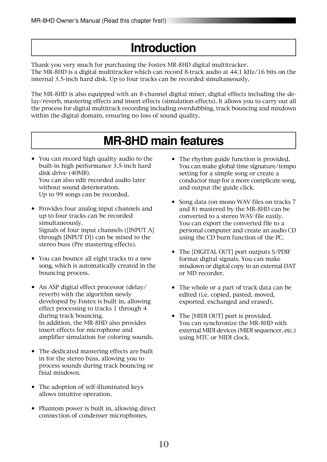 Fostex owner manual Introduction, MR-8HD main features 