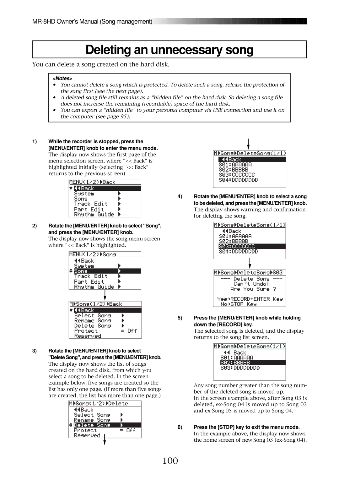 Fostex MR-8HD owner manual Deleting an unnecessary song, 100 