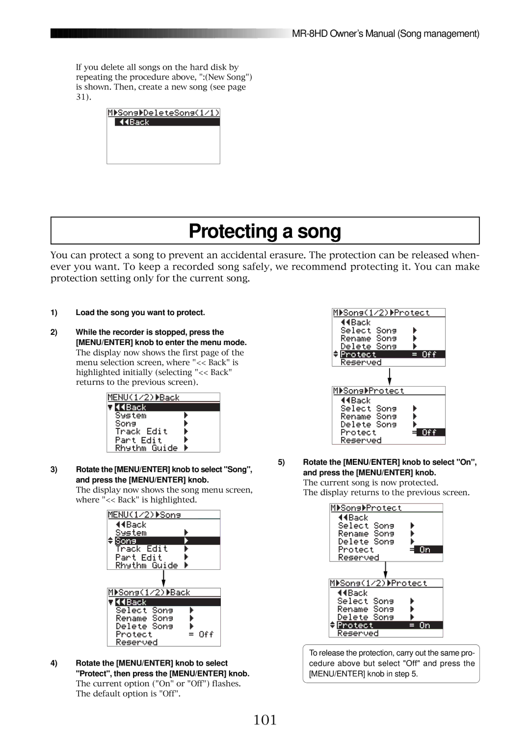 Fostex MR-8HD owner manual Protecting a song, 101, Protect, then press the MENU/ENTER knob 