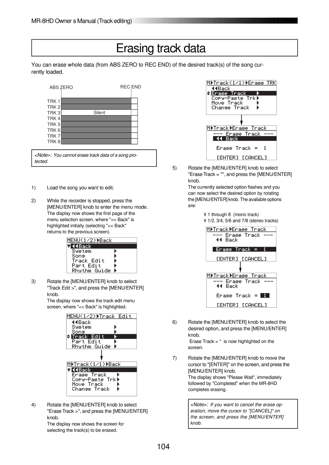 Fostex MR-8HD owner manual Erasing track data, 104 