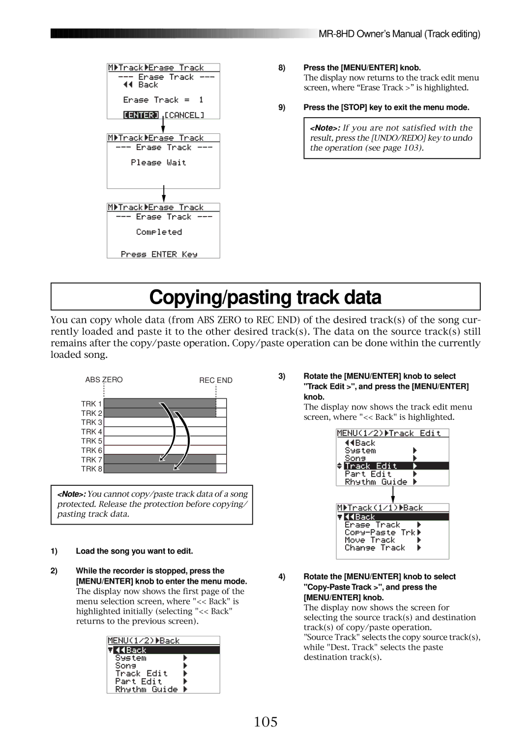 Fostex MR-8HD owner manual Copying/pasting track data, 105 