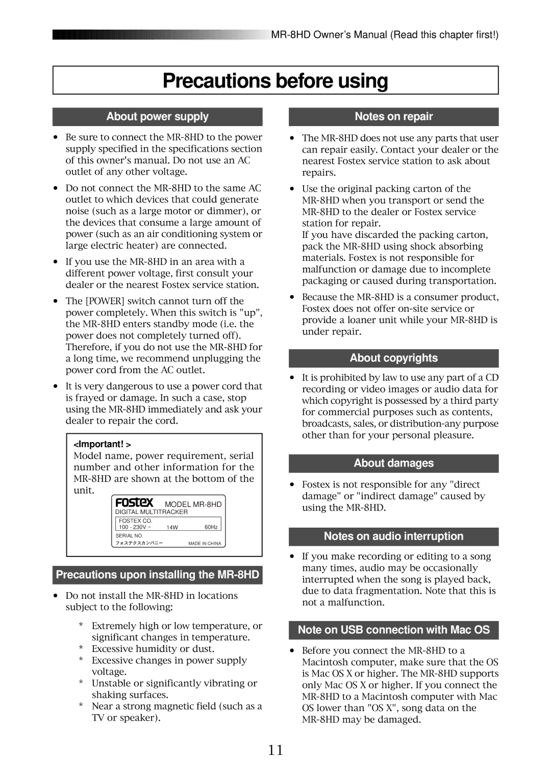 Fostex Precautions before using, About power supply, Precautions upon installing the MR-8HD, About copyrights 