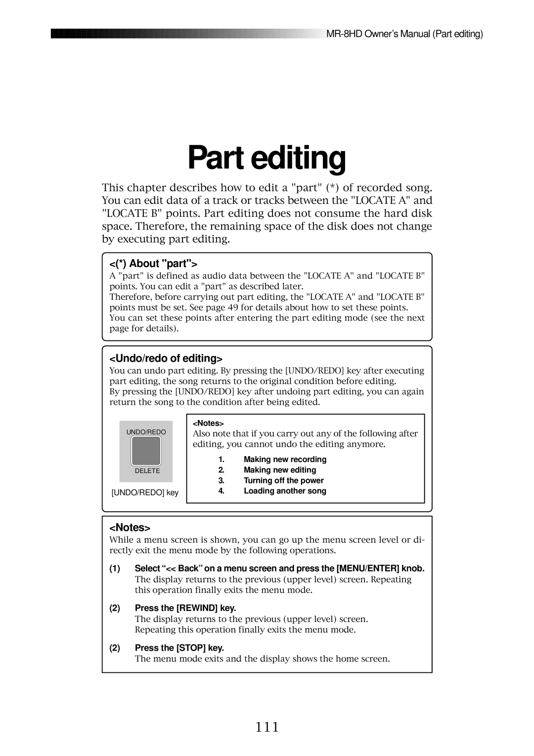 Fostex MR-8HD owner manual Part editing, 111 