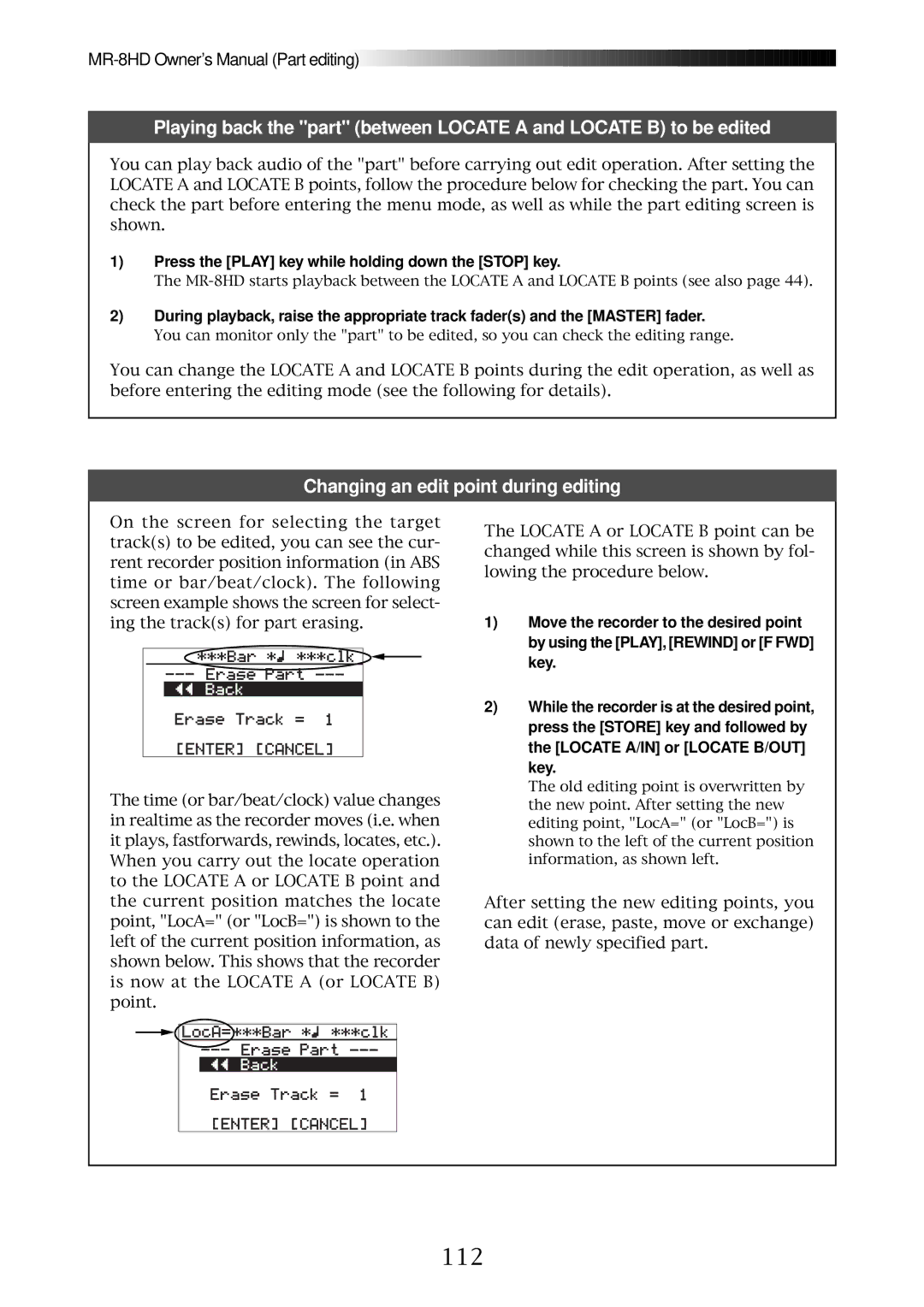 Fostex MR-8HD owner manual 112, Changing an edit point during editing, Press the Play key while holding down the Stop key 