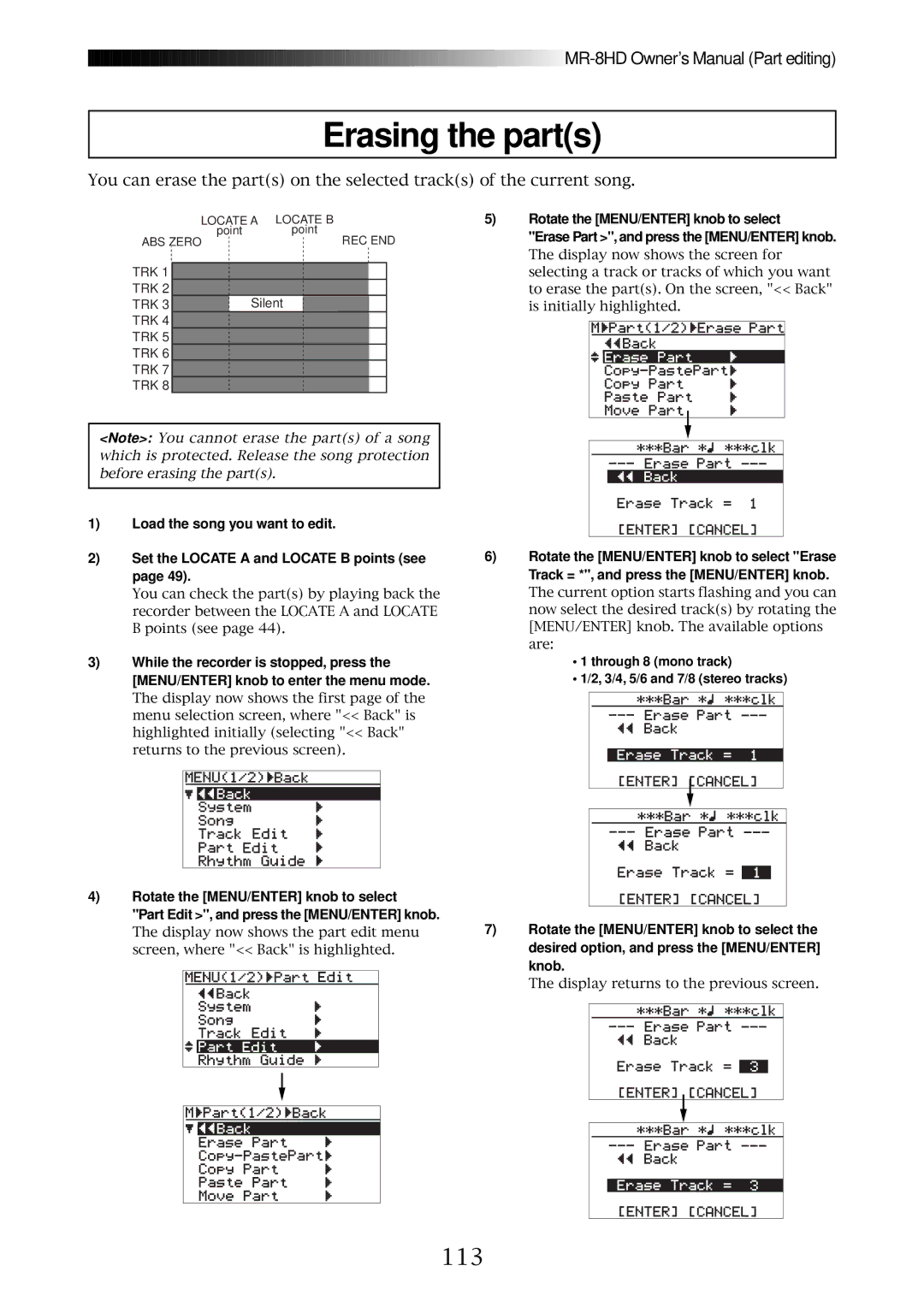 Fostex MR-8HD owner manual Erasing the parts, 113 