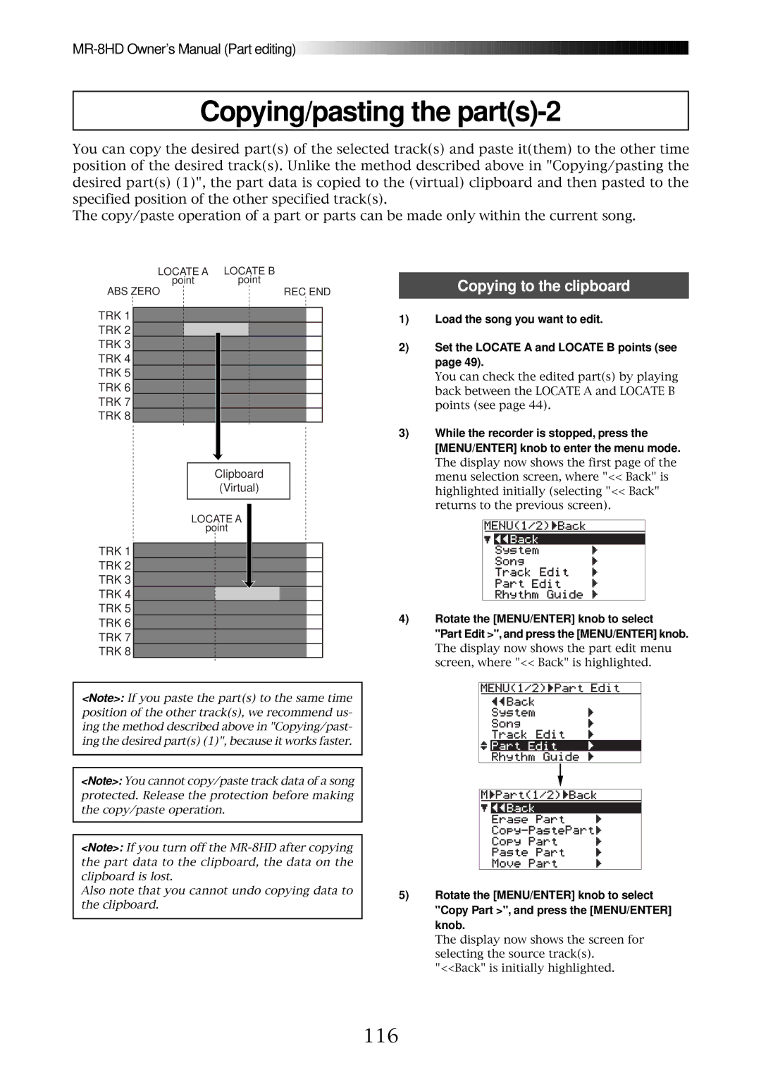 Fostex MR-8HD owner manual Copying/pasting the parts-2, 116, Copying to the clipboard 