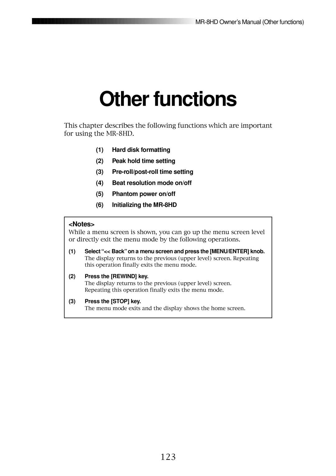 Fostex MR-8HD owner manual Other functions, 123 