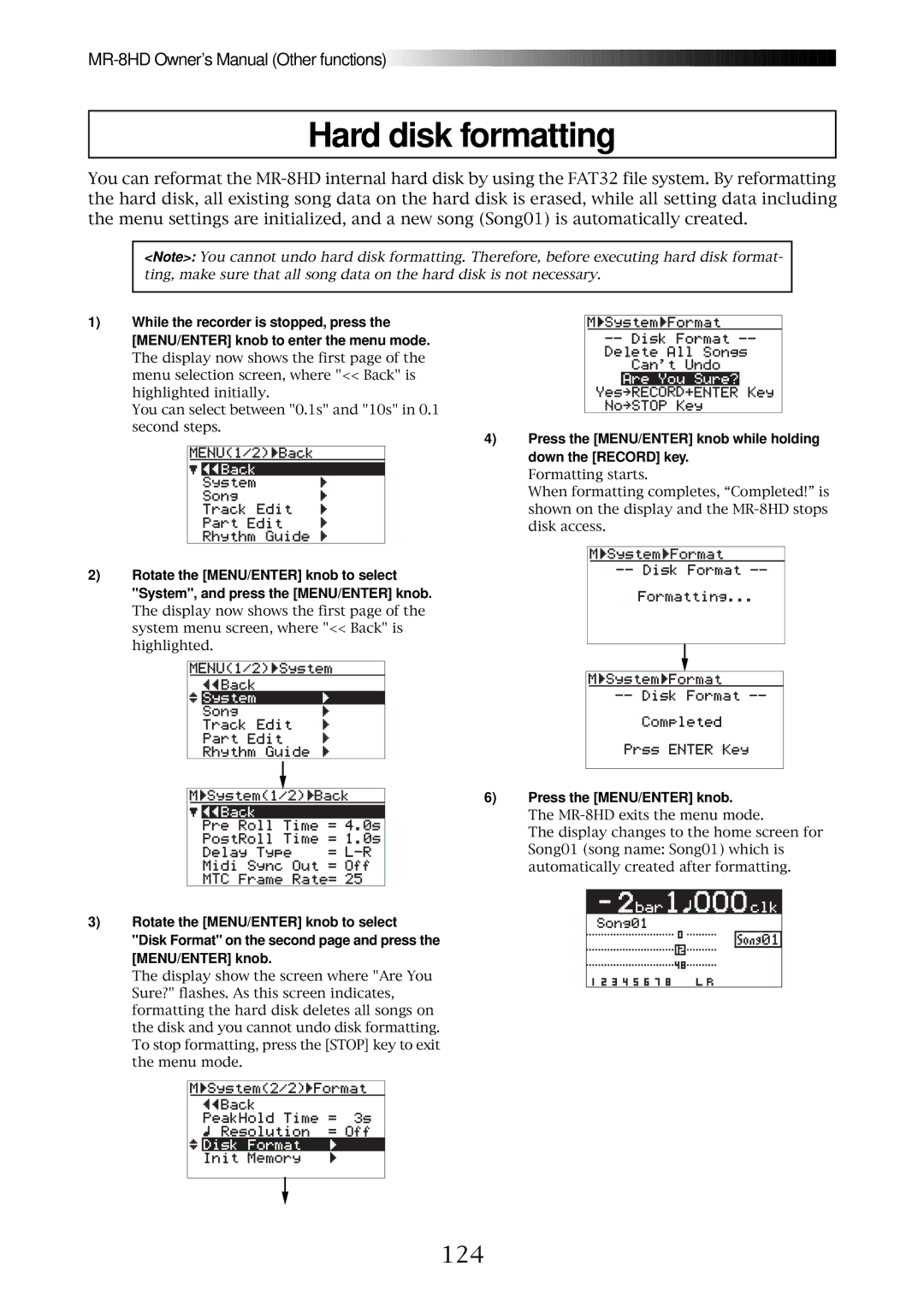 Fostex MR-8HD owner manual Hard disk formatting, 124 