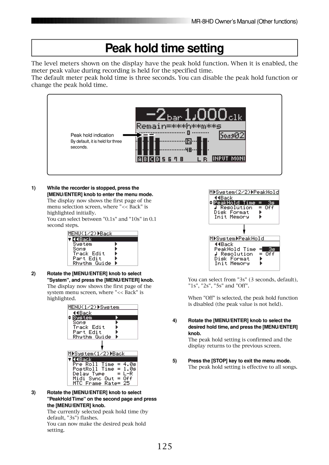 Fostex MR-8HD owner manual Peak hold time setting, 125 