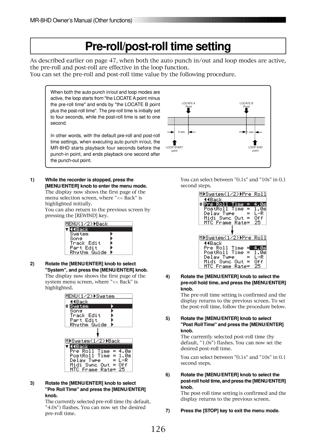 Fostex MR-8HD owner manual Pre-roll/post-roll time setting, 126 