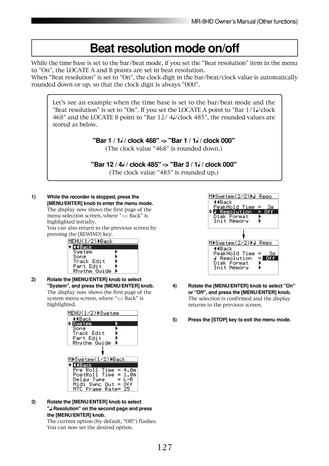 Fostex MR-8HD owner manual Beat resolution mode on/off, 127 