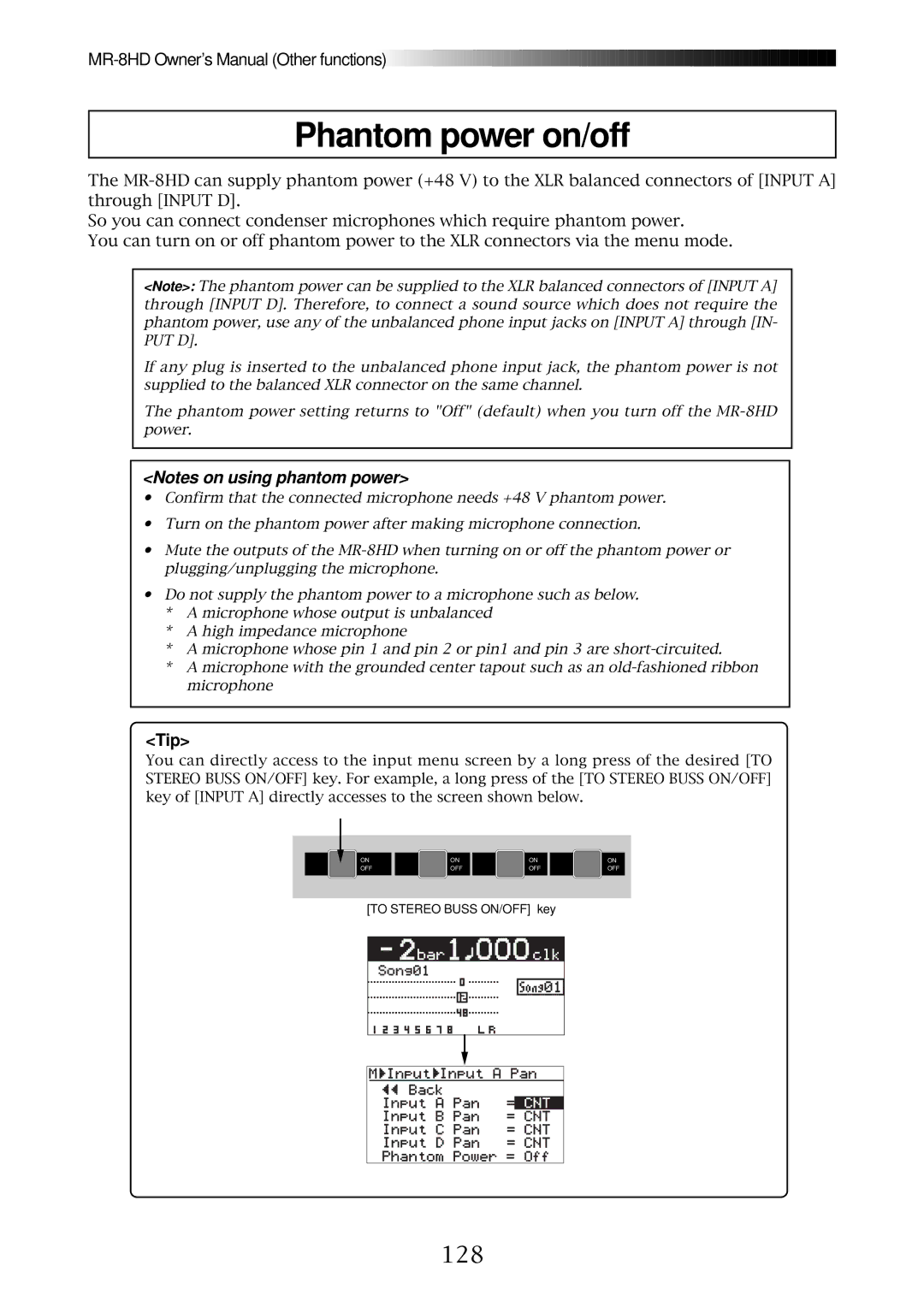 Fostex MR-8HD owner manual Phantom power on/off, 128, Tip 