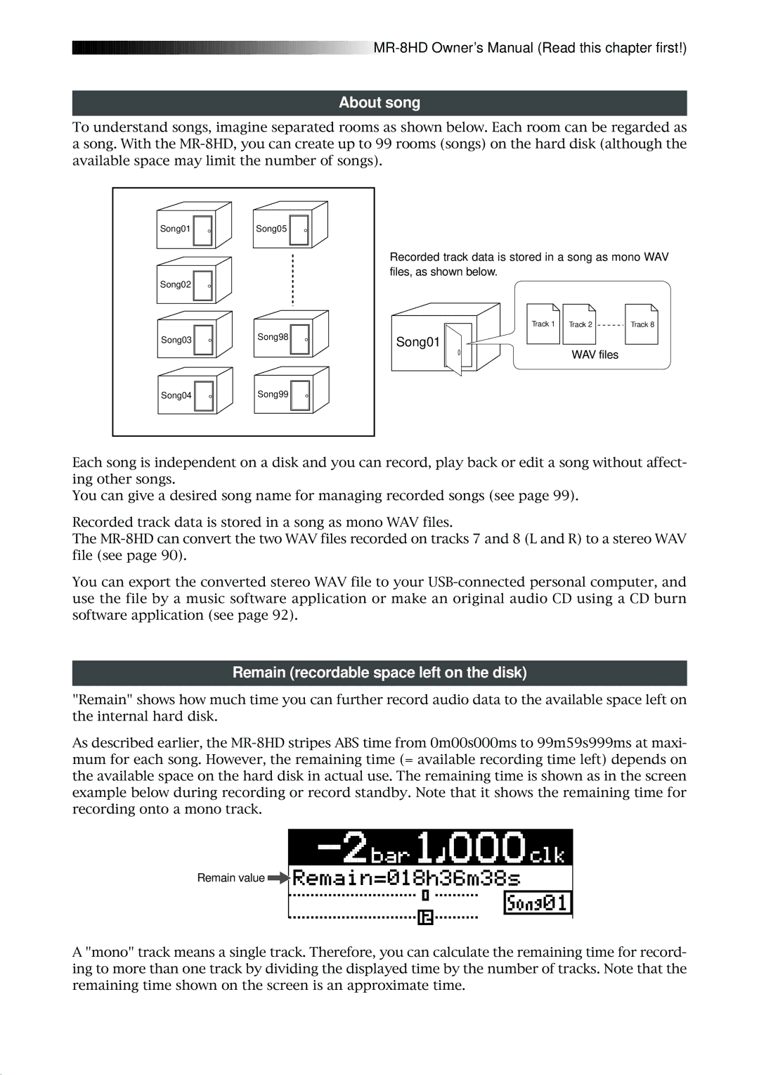 Fostex MR-8HD owner manual About song, Remain recordable space left on the disk 