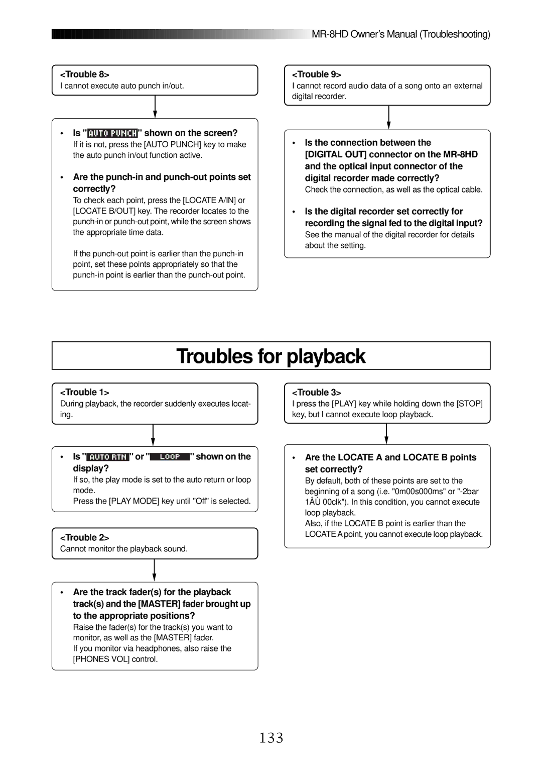 Fostex MR-8HD owner manual Troubles for playback, 133 