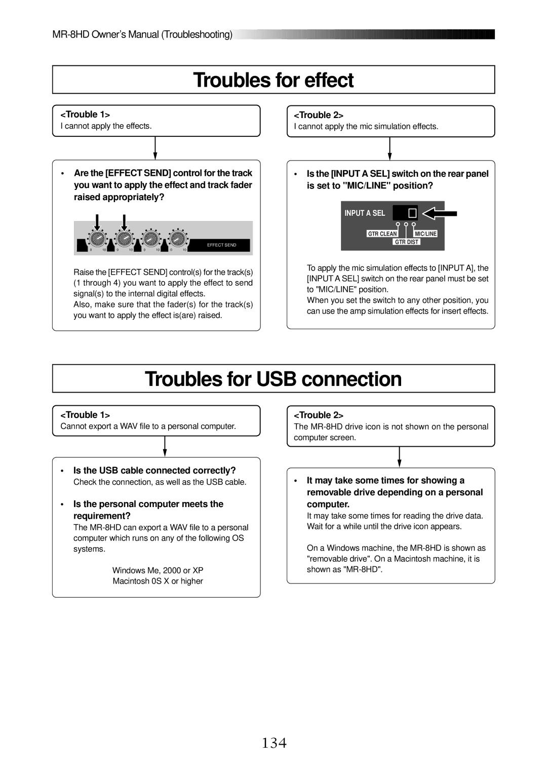 Fostex MR-8HD owner manual Troubles for effect, Troubles for USB connection, 134, Is the USB cable connected correctly? 