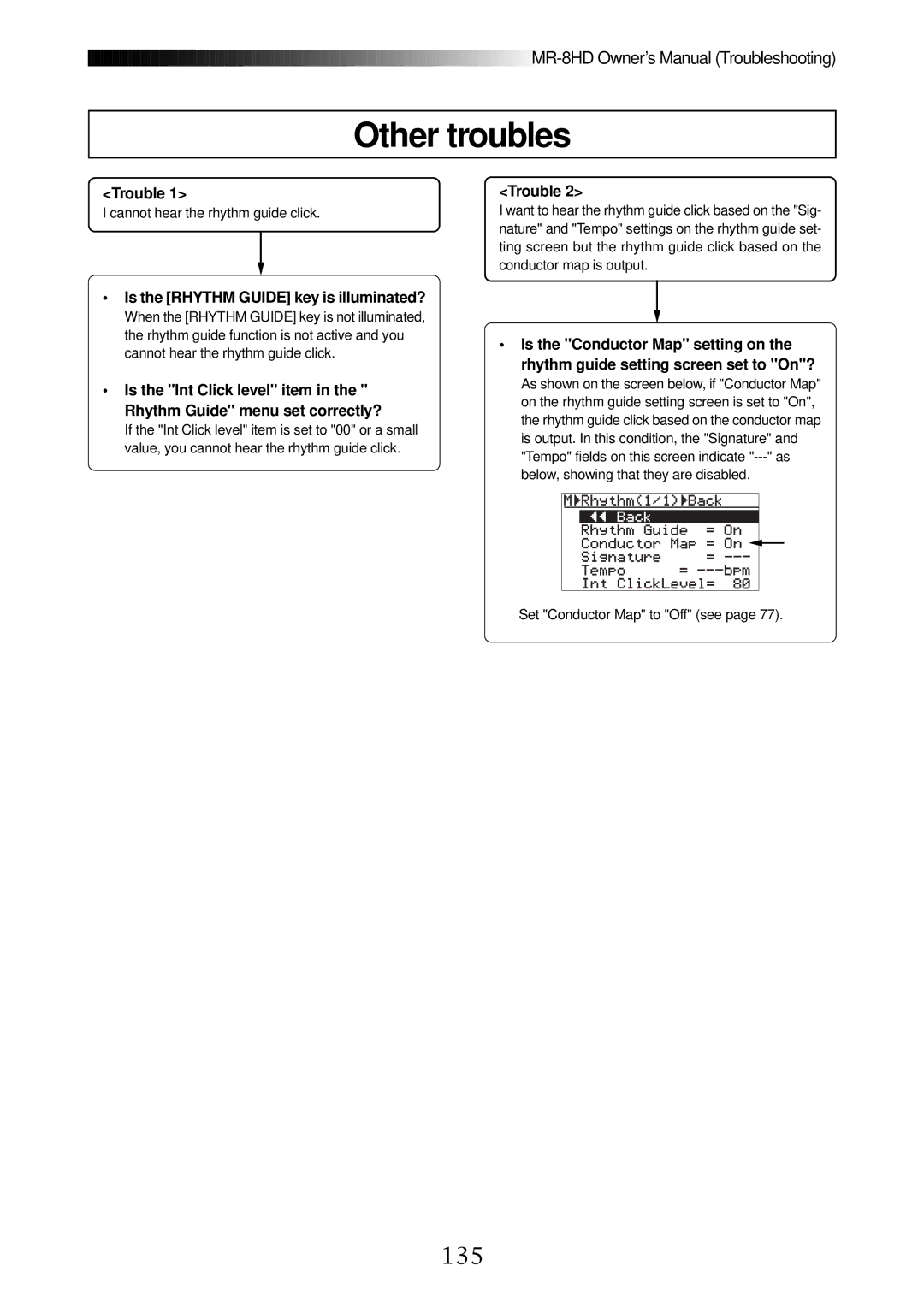 Fostex MR-8HD owner manual Other troubles, 135, Is the Rhythm Guide key is illuminated? 