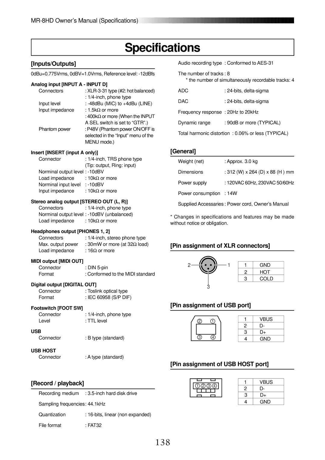 Fostex MR-8HD owner manual Specifications, 138 