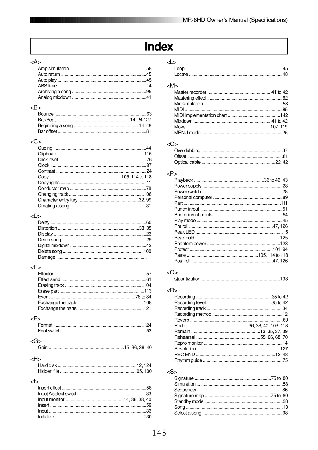 Fostex MR-8HD owner manual Index, 143 