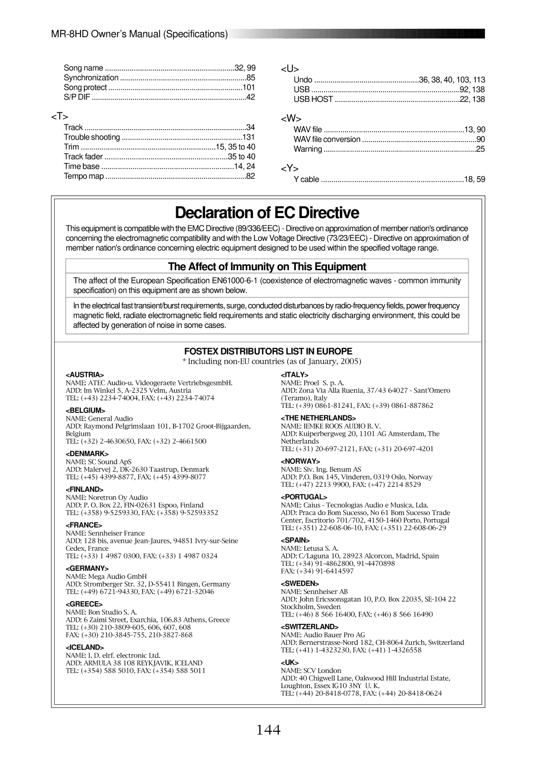 Fostex MR-8HD owner manual Declaration of EC Directive, 144 