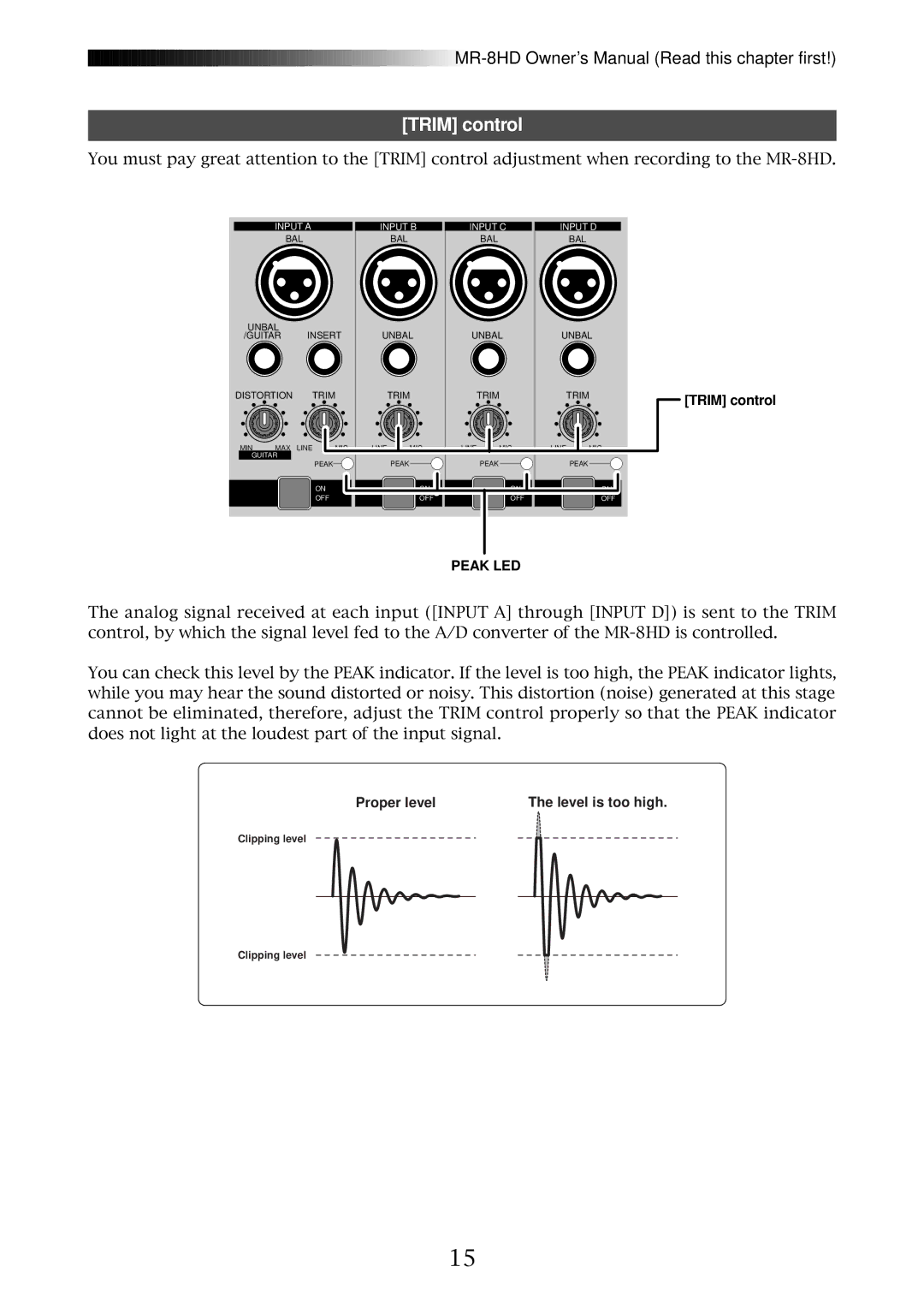 Fostex MR-8HD owner manual Trim control, Proper level Level is too high 