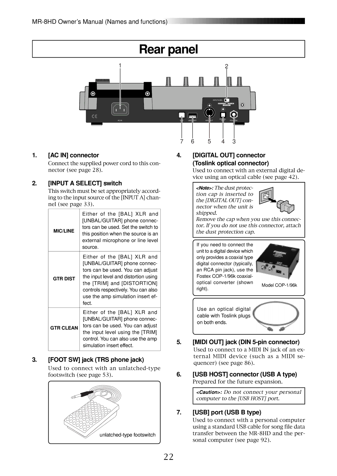 Fostex MR-8HD owner manual Rear panel 