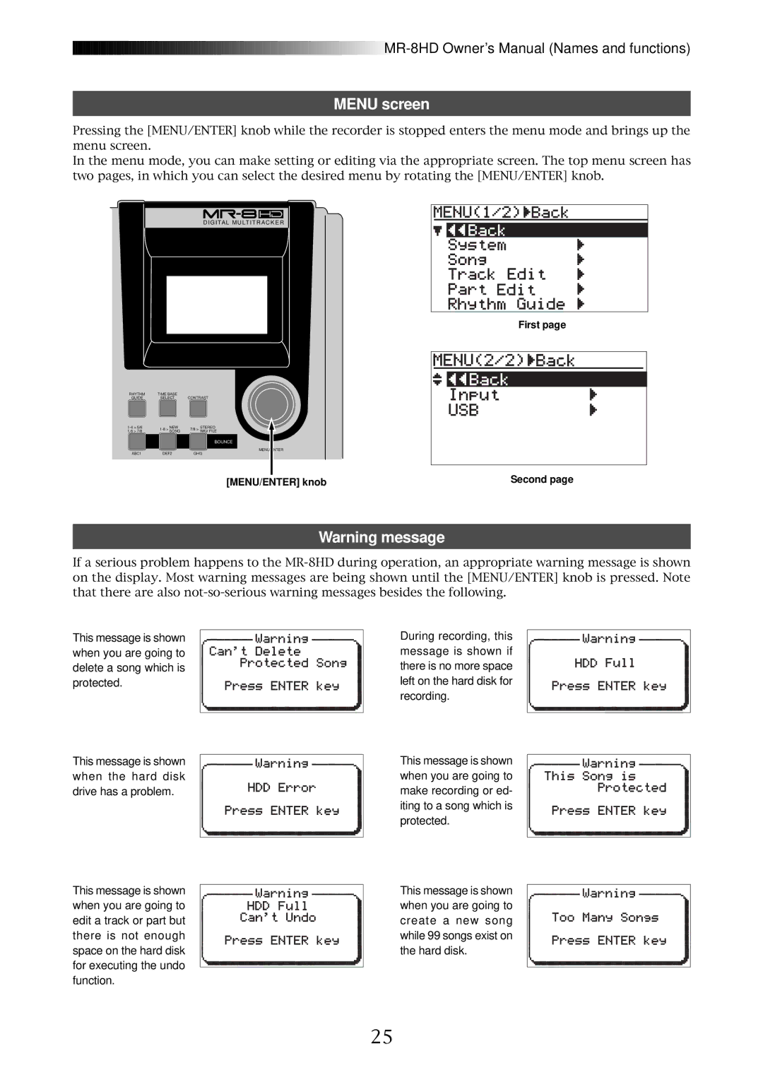 Fostex MR-8HD owner manual Menu screen 