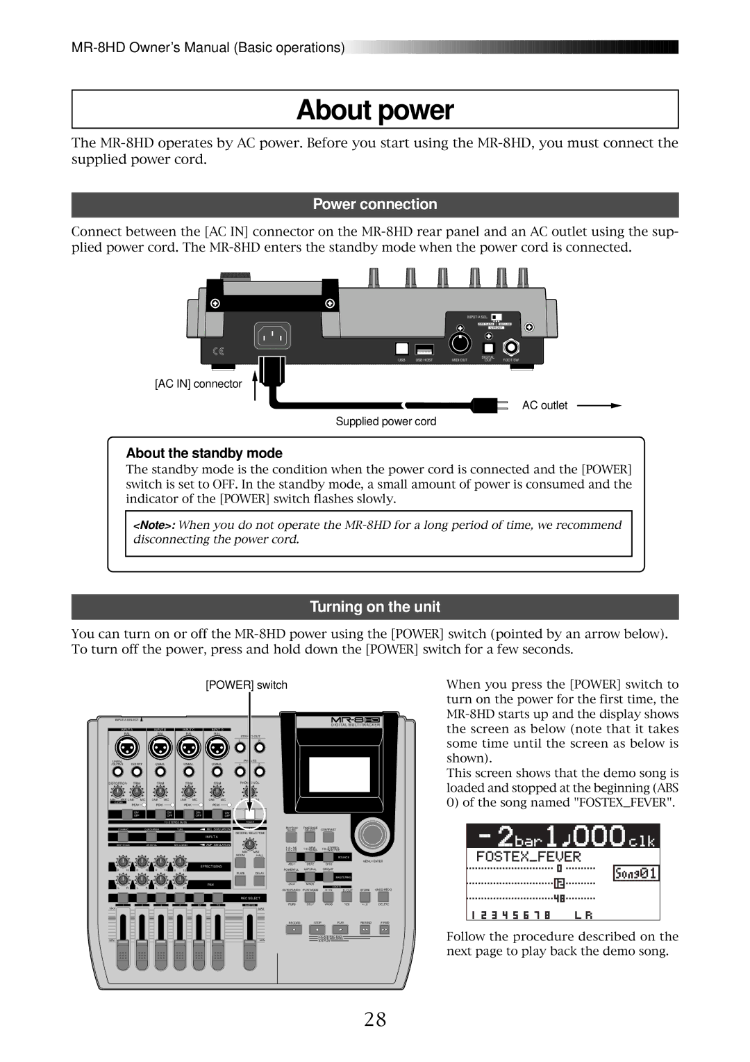 Fostex MR-8HD owner manual About power, Power connection, Turning on the unit, About the standby mode 