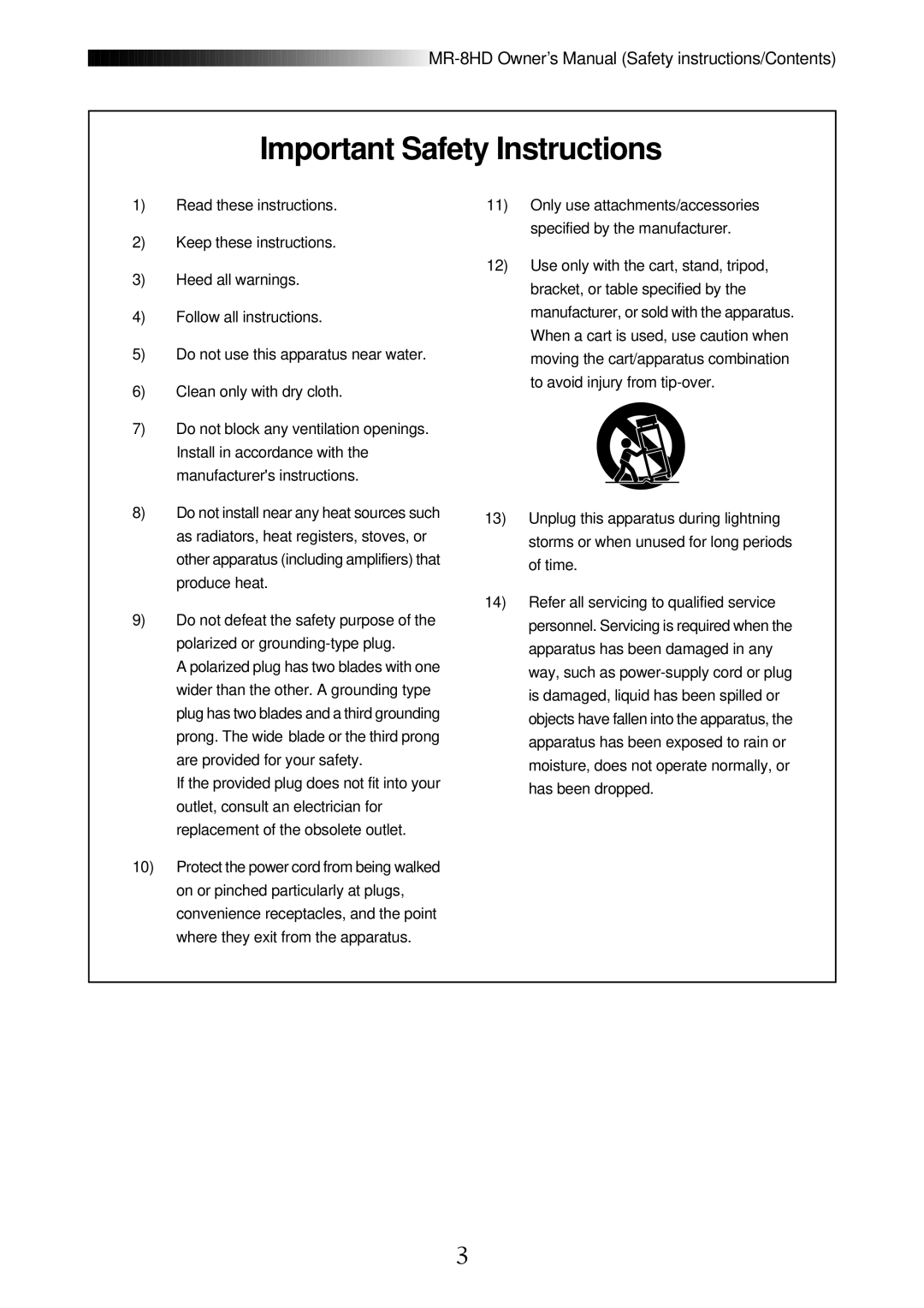 Fostex MR-8HD owner manual Important Safety Instructions 