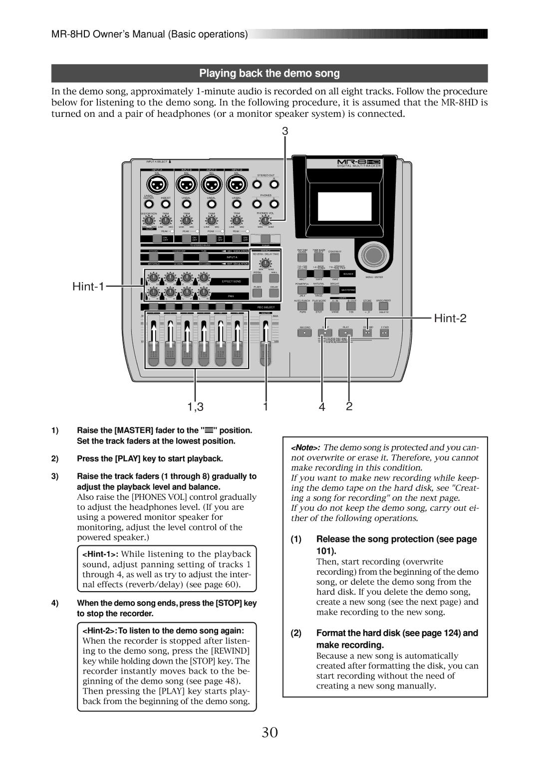 Fostex MR-8HD owner manual Playing back the demo song, Release the song protection see 101 