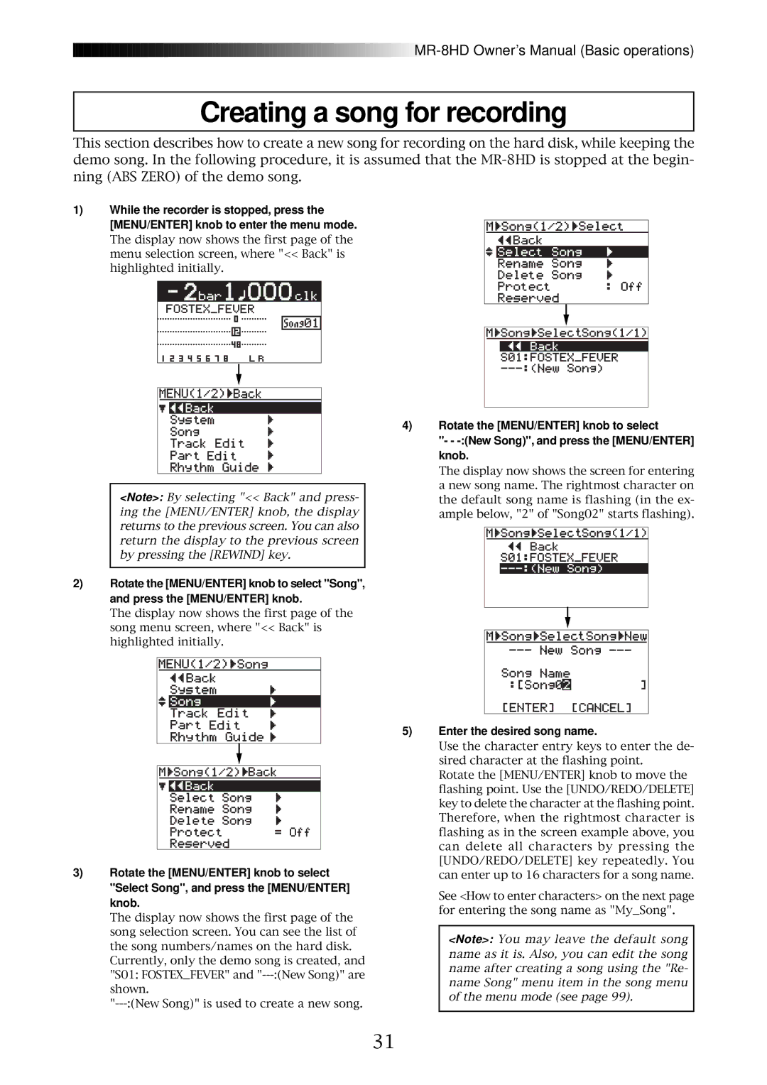 Fostex MR-8HD owner manual Creating a song for recording, Enter the desired song name 