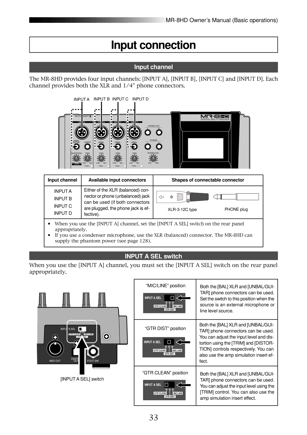 Fostex MR-8HD owner manual Input connection, Input channel, Input a SEL switch 