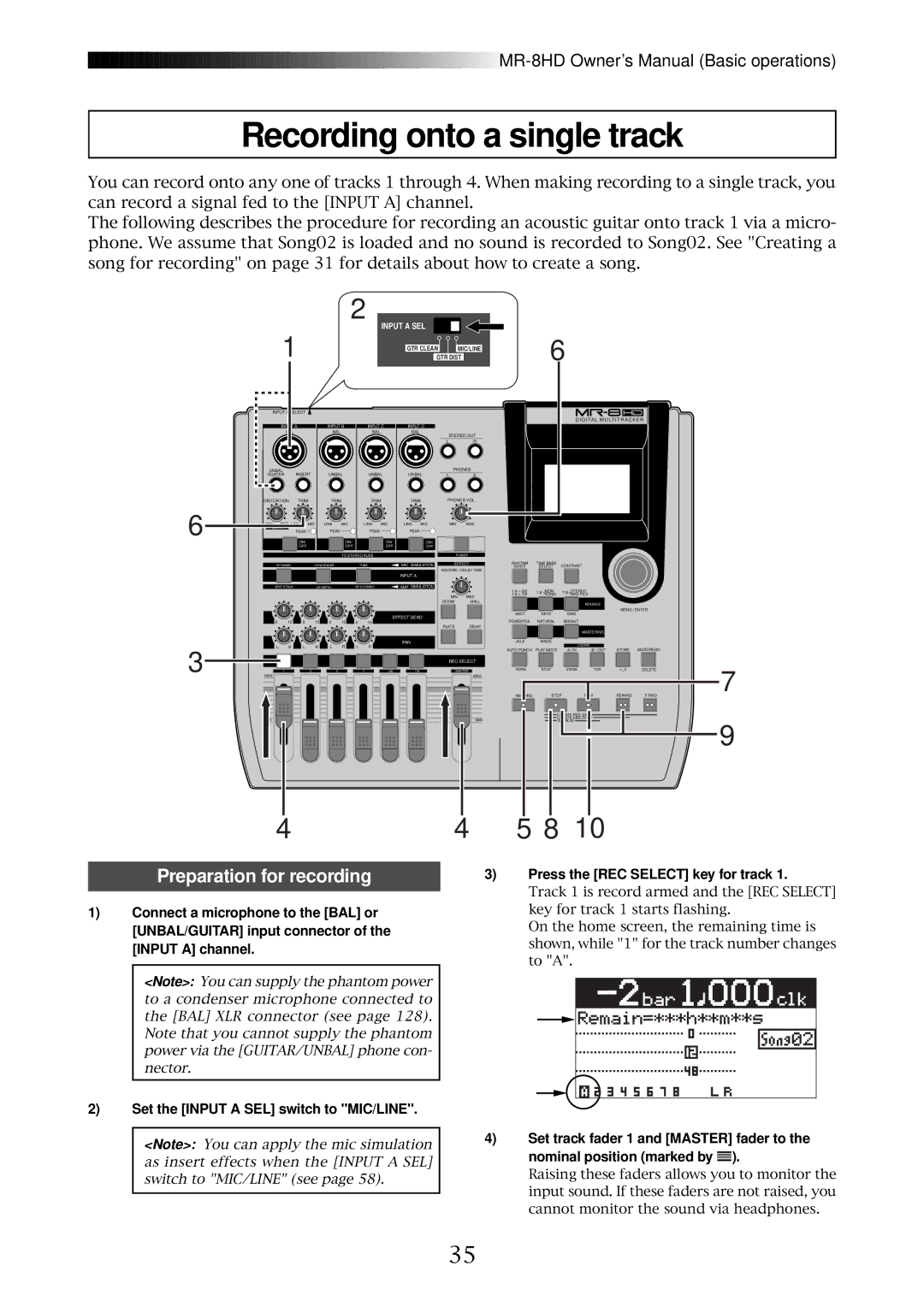 Fostex MR-8HD owner manual Recording onto a single track, Preparation for recording 