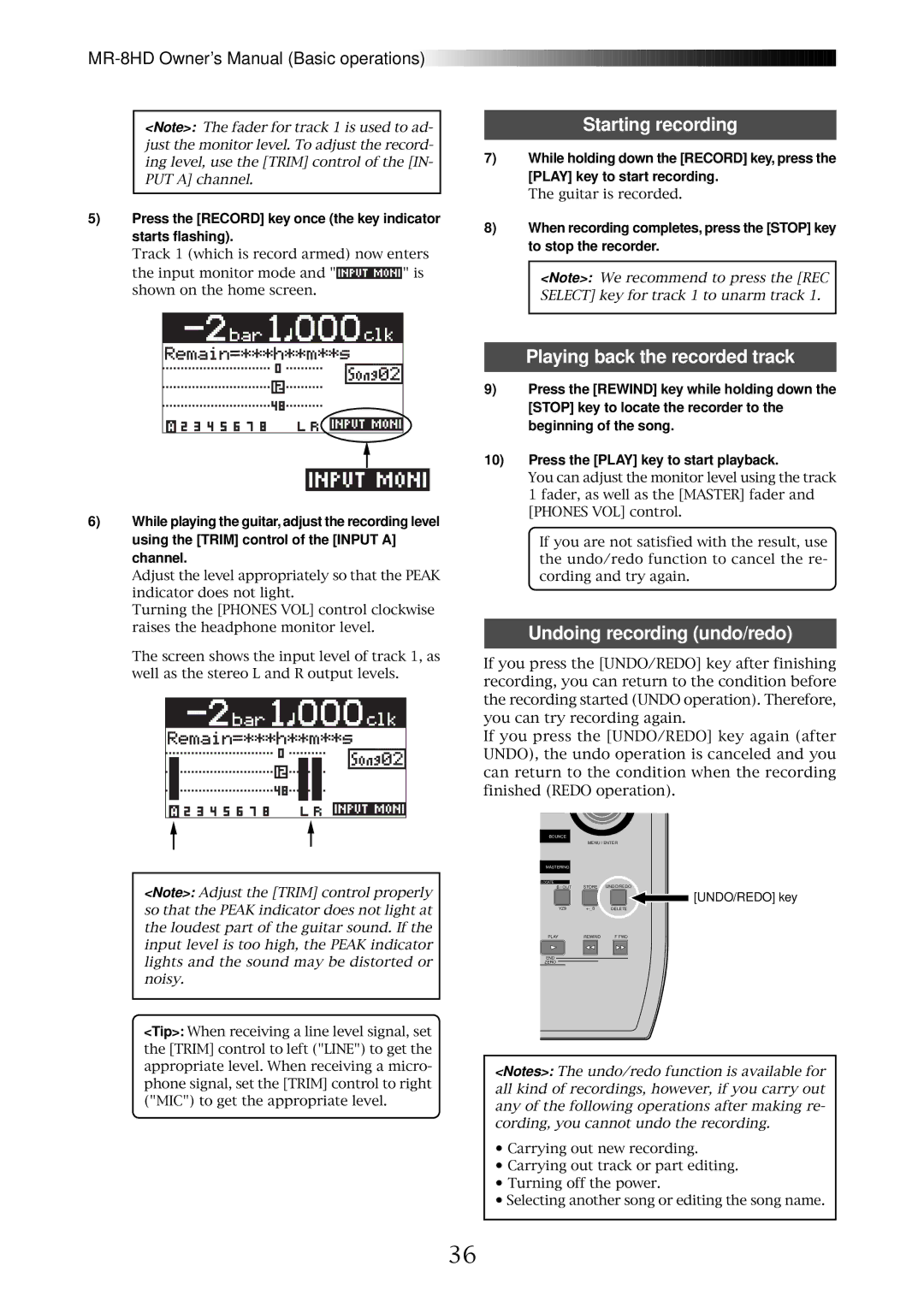 Fostex MR-8HD owner manual Starting recording, Playing back the recorded track, Undoing recording undo/redo 