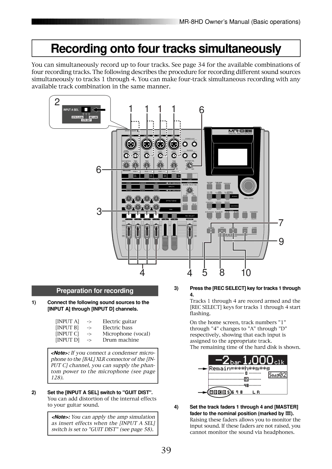 Fostex MR-8HD owner manual Recording onto four tracks simultaneously, Set the Input a SEL switch to Guit Dist 