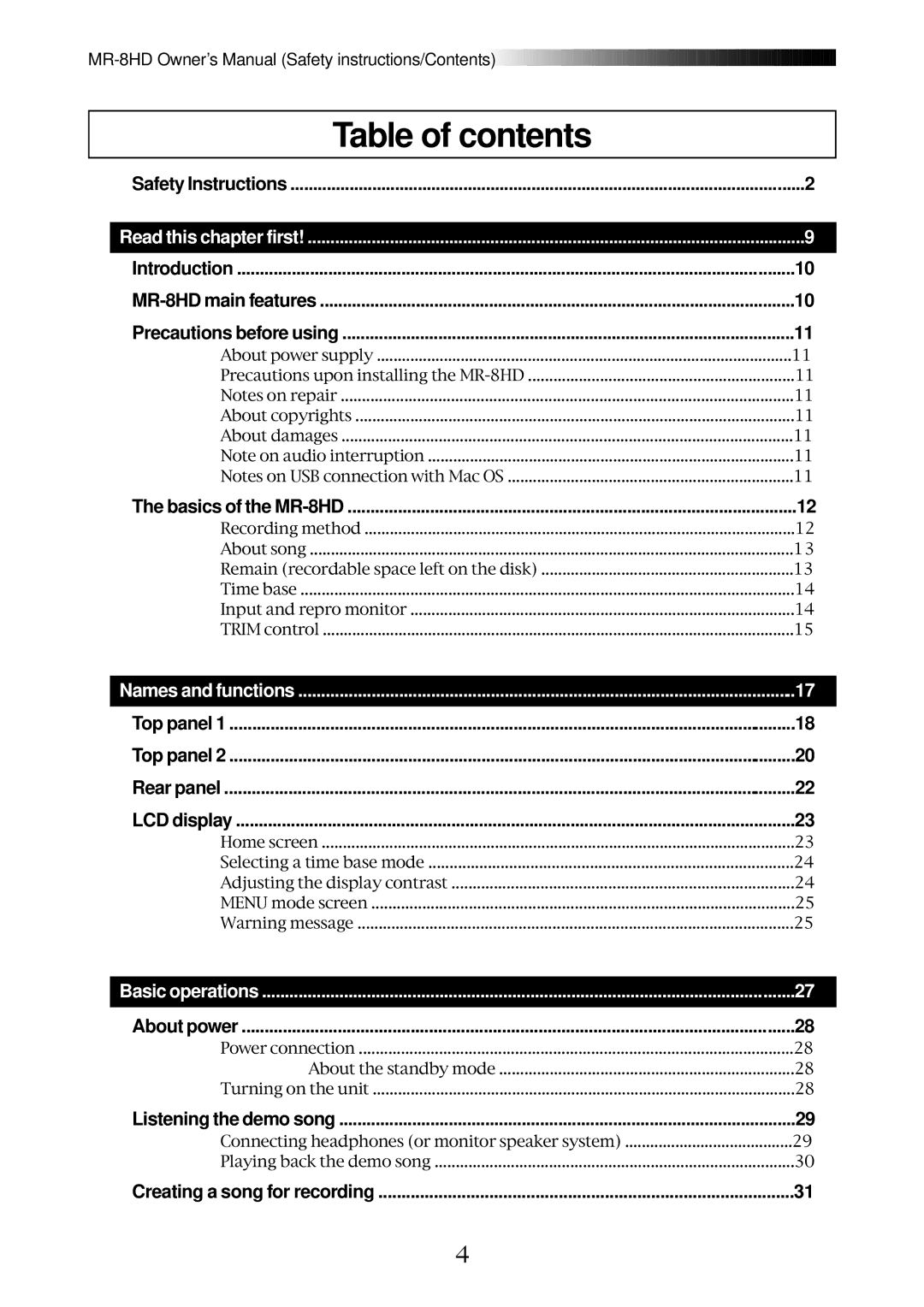 Fostex MR-8HD owner manual Table of contents 